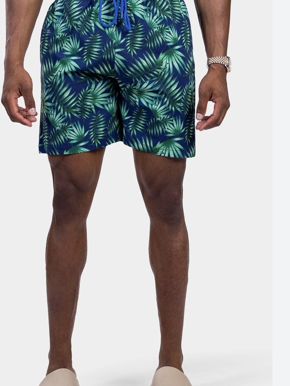 Men's Navy & Green Tropical Leaf Swim Board Shorts